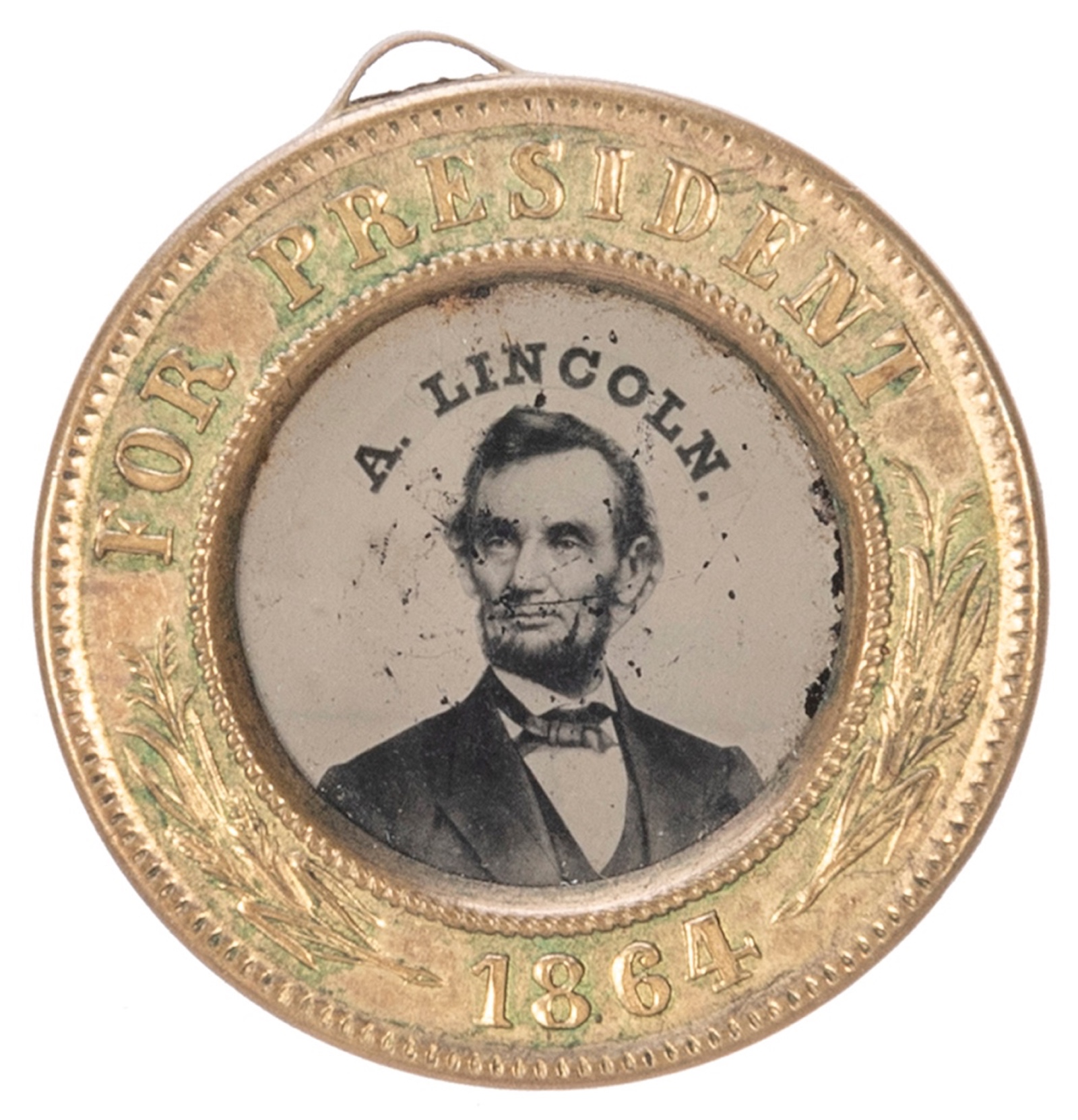 A presidential campaign double-sided ferrotype medal depicting Abraham Lincoln and Andrew Johnson from 1864, is estimated at $2,000-3,000