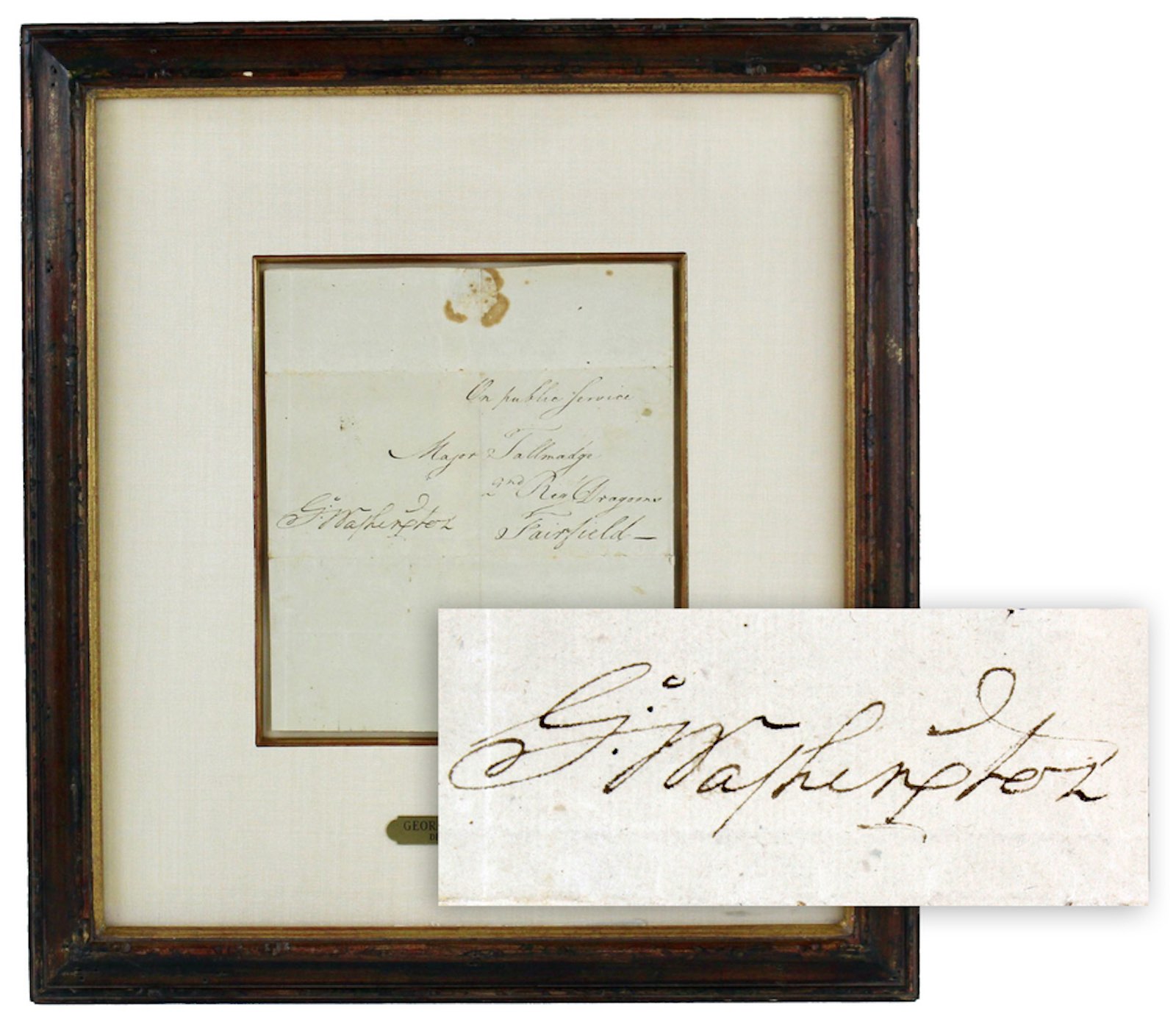 George Washington boldly signed free frank, addressed to Benjamin Tallmadge, Culper Ring spymaster, commending the “signal gallantry of Capt. Caleb Brewster,” one of the underground’s Long Island-based couriers. (est. $12,000-$14,000).