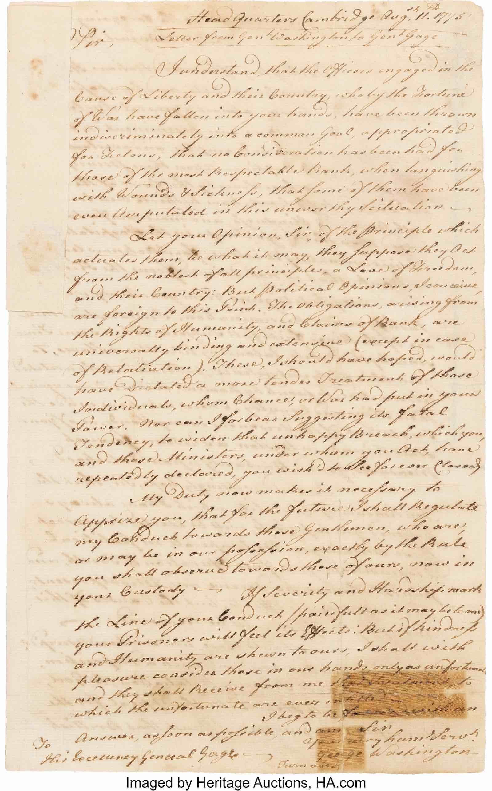 Three fair copy letters between Generals George Washington and Thomas Gage in the hand of John Hancock