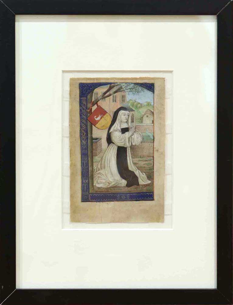 Illuminated folio from a Book of Hours depicting the (so far) unidentified nun who likely commissioned, owned and used the manuscript