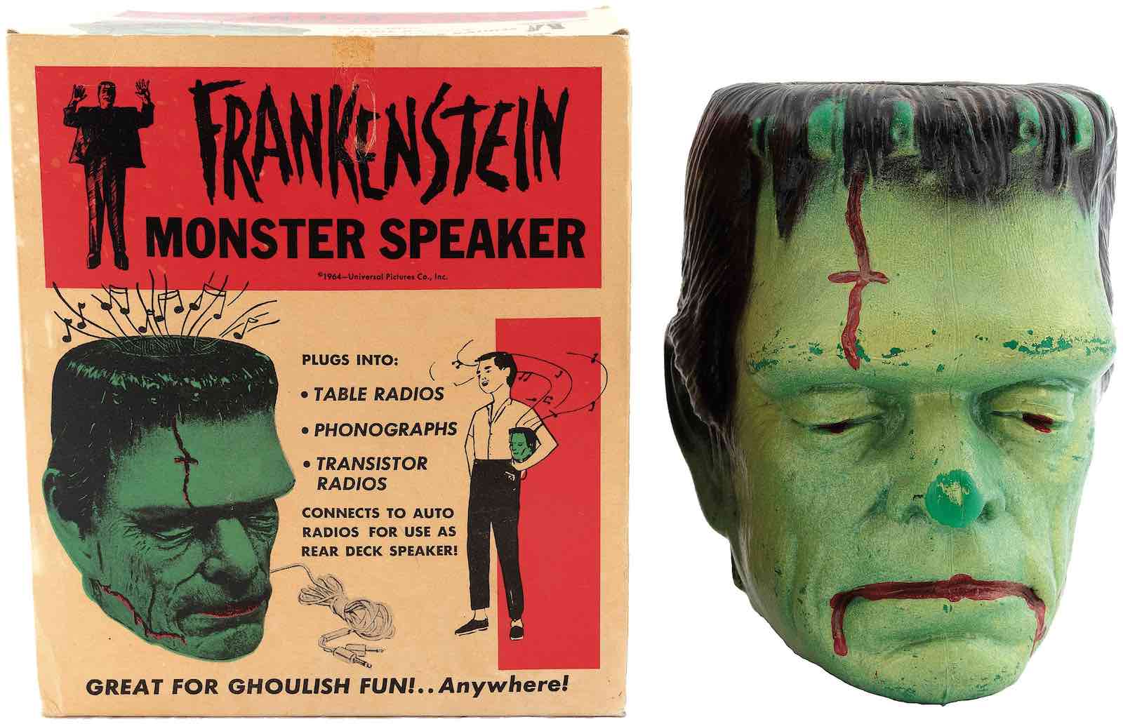 Extraordinarily rare 1964 music speaker produced by Actwell Plastics Corp., sculpted to simulate Glenn Strange’s portrayal of Frankenstein’s monster in 1940s horror films. Box (shown) states it can be plugged into ‘table radios, phonographs, transistor radios’ and ‘connects to auto radios for use as rear deck speaker.’