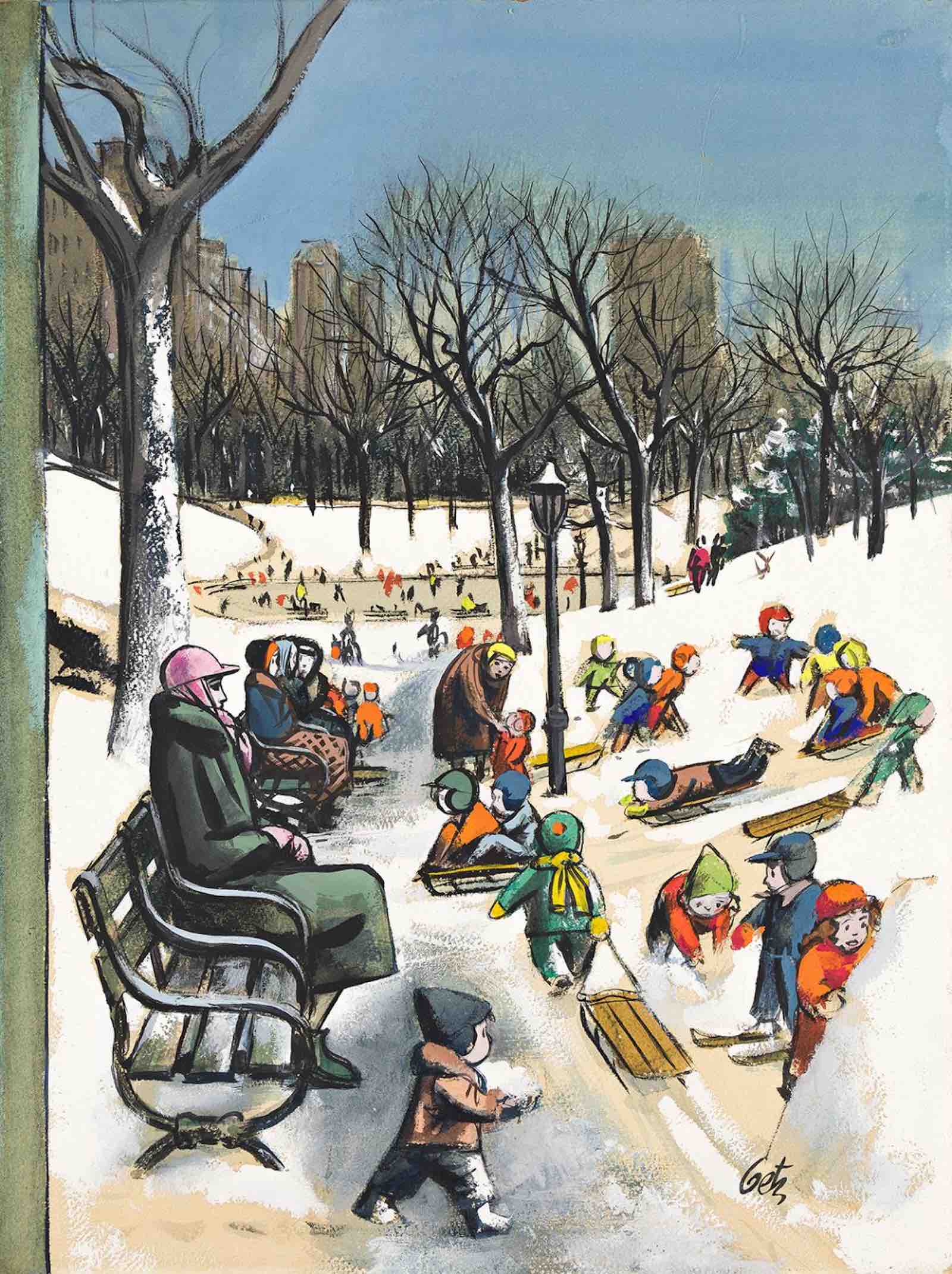Lot 111: Arthur Getz, Sledding In Central Park, casein tempera on canvas, cover of The New Yorker, February 26, 1955. Estimate $2,500 to $3,500.