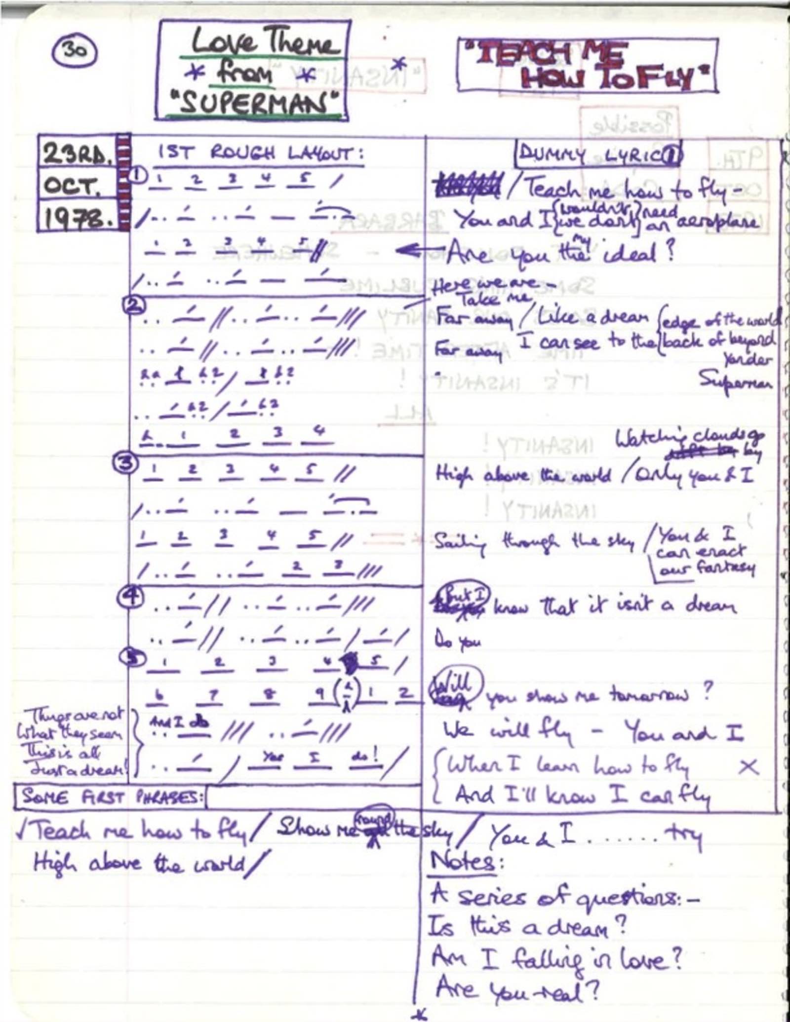 Leslie Bricusse lyric sketches for, what became, Can You Read My Mind, the love theme for Superman (1978).