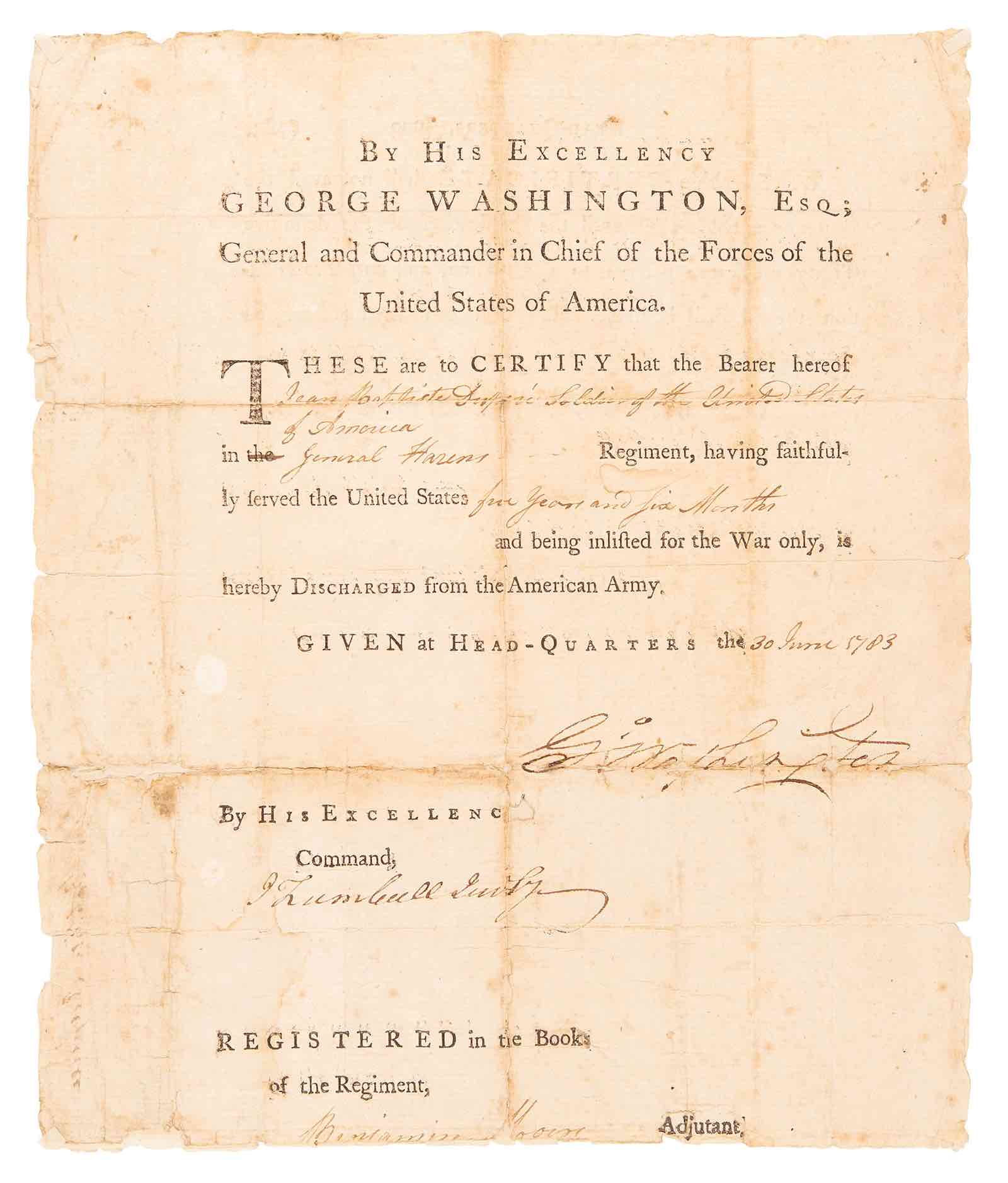a Revolutionary War discharge certificate signed by George Washington on June 30, 1783