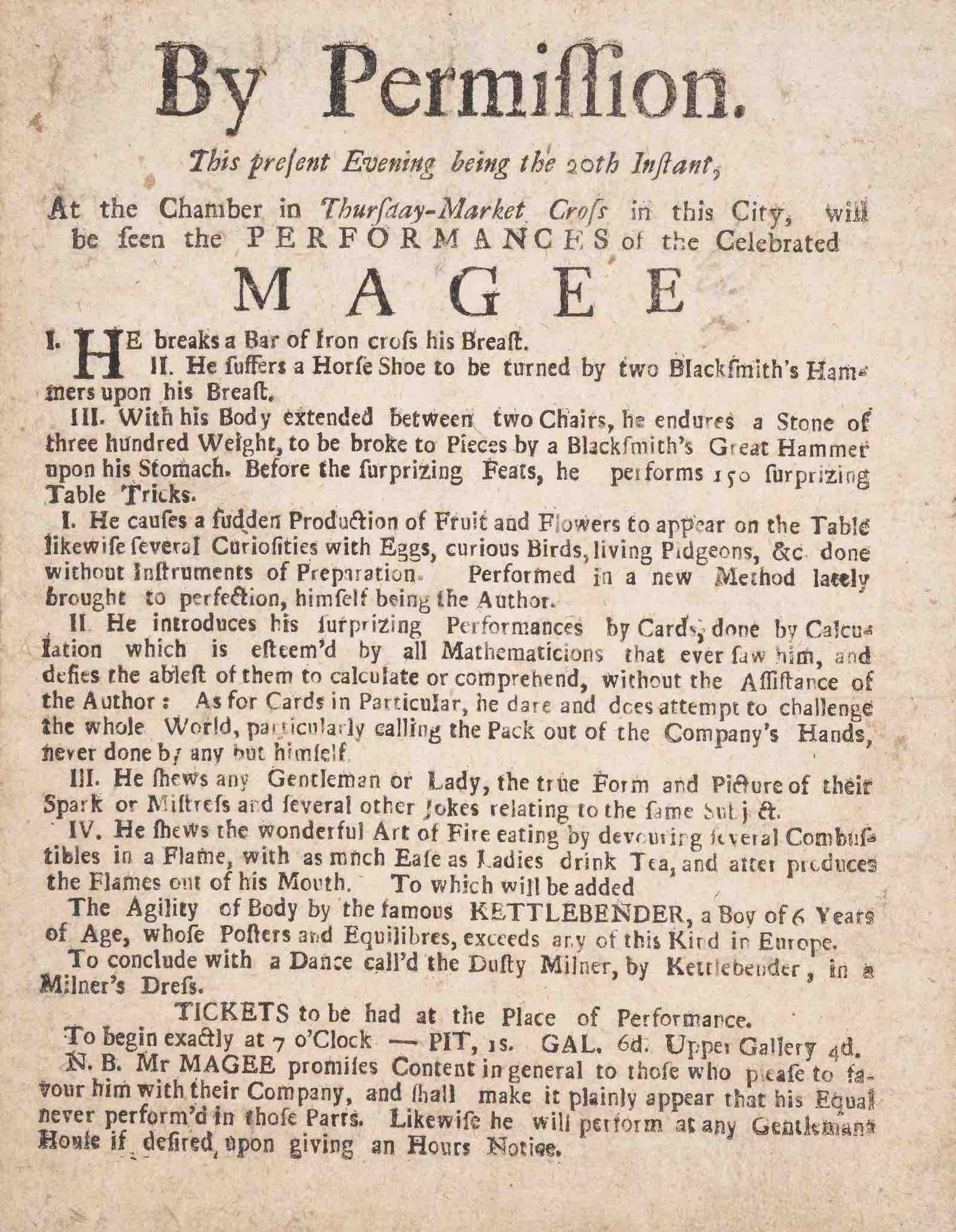 a printed broadeside At the Chamber in Thursday-Market Cross...the Celebrated Magee... from c.1790