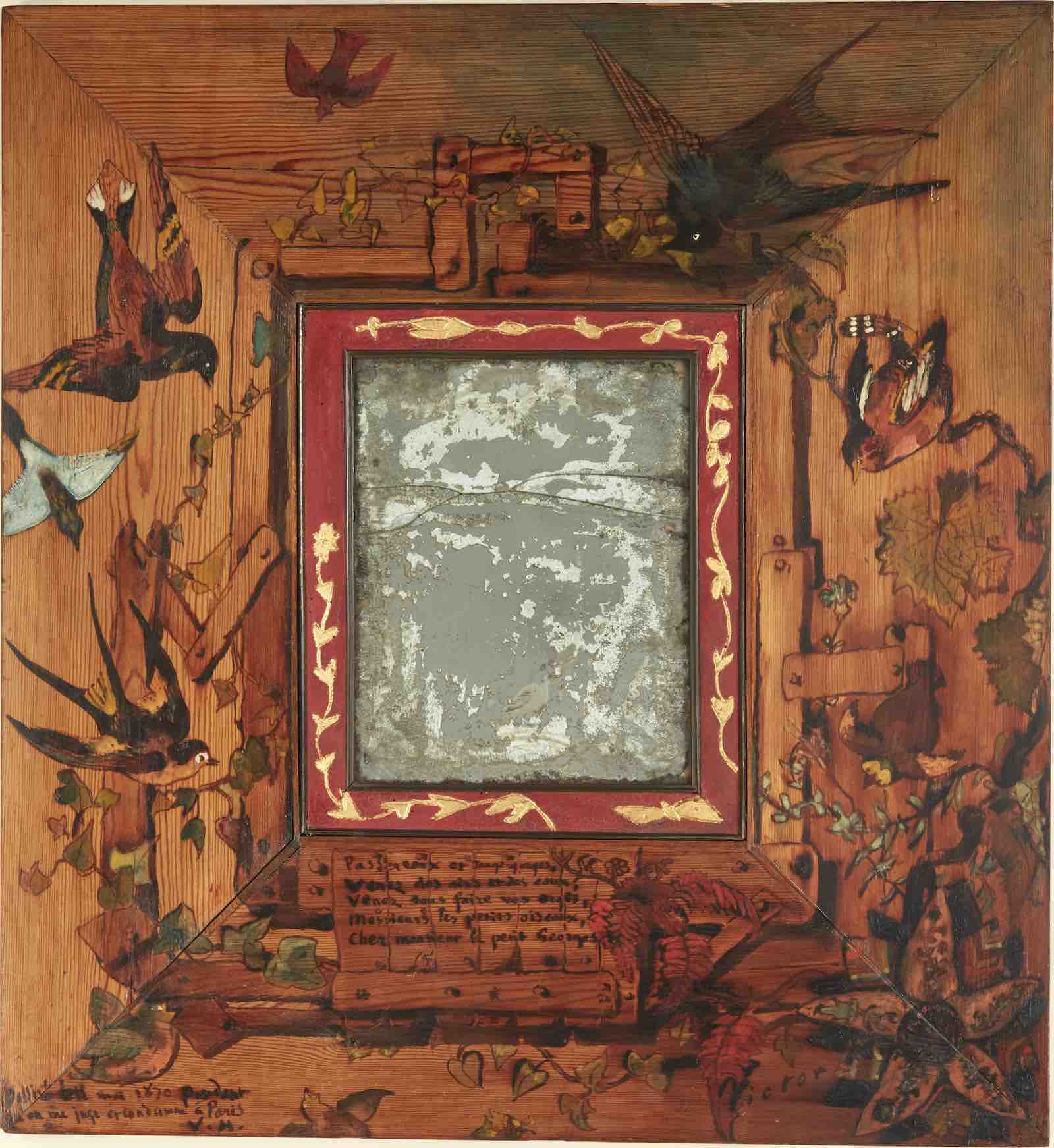 Victor Hugo, Mirror with Birds, 1870. Hand-painted and inscribed wooden frame, oil paint, varnish