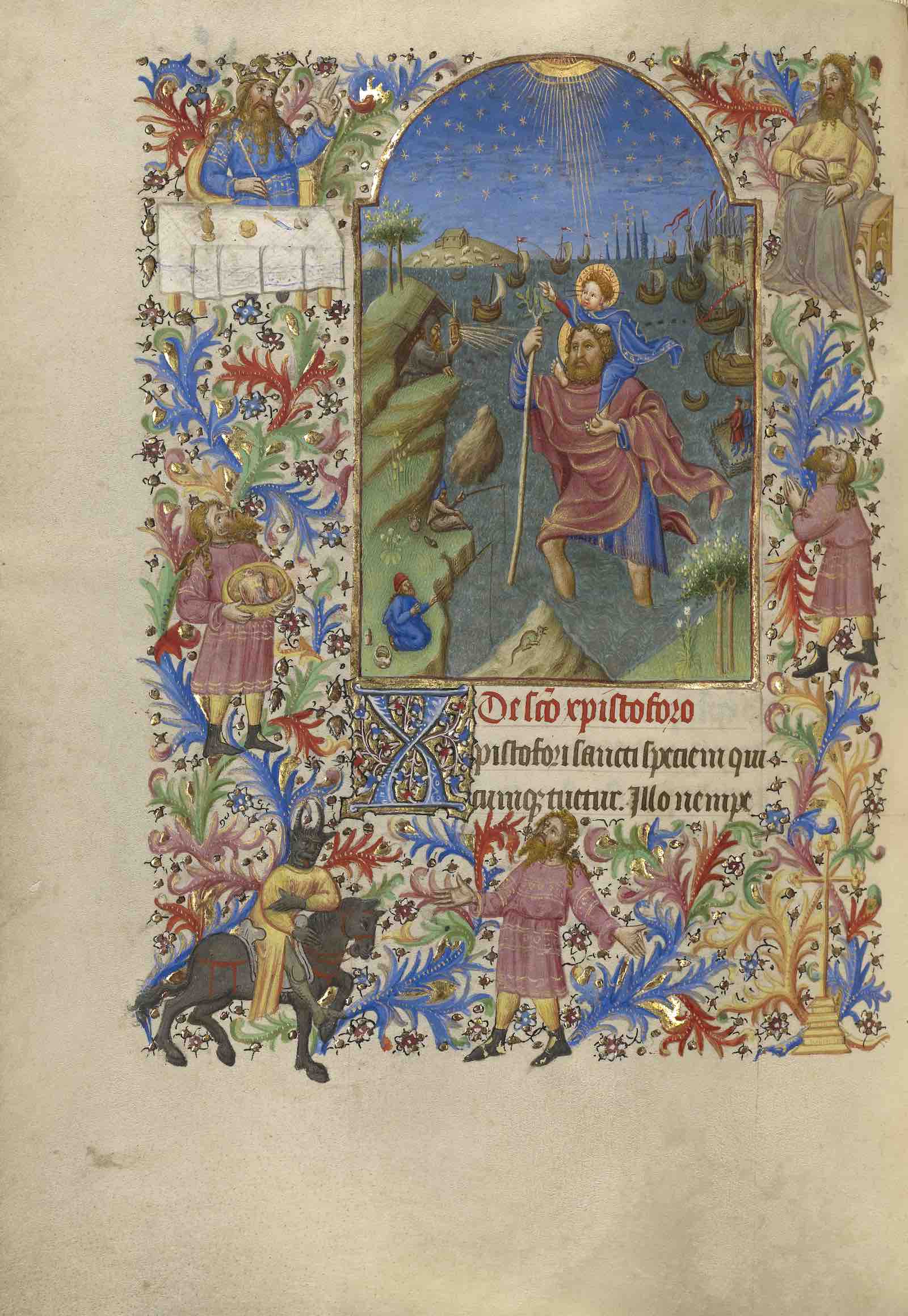 Saint Christopher Carrying the Christ Child from Book of Hours, about 1420. Spitz Master (French, active about 1415–  1425). Tempera colors, gold, and ink.