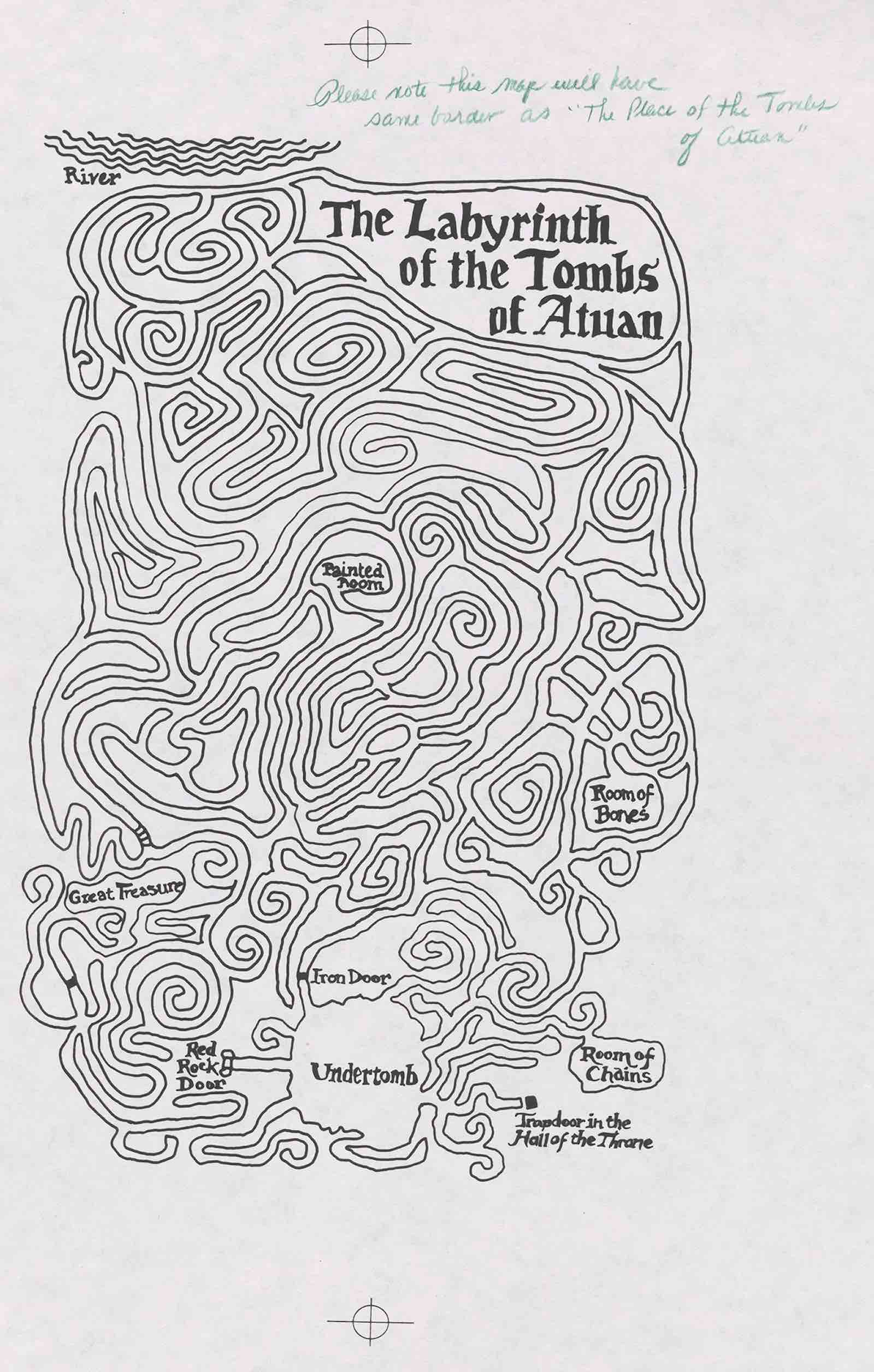 Draft for the labyrinth of the Tombs of Atuan, with note, c.1970. Ink on paper.