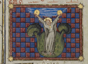 The Creation of the Sun and the Moon (detail) from the Historical Bible, about 1360 –70, Master of Jean de Mandeville (French, active 1350–70). Tempera colors, gold, and ink on parchment.