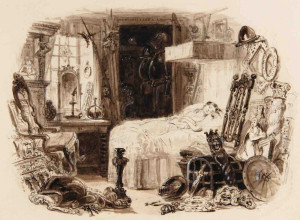 Little Nell – the beautiful child in her gentle slumber- tide by Samuel Williams. Through her deathbed scene, Dickens channelled his grief for the death of his 17-year-old sister-in-law, Mary Hogarth. Dickens’s feedback to Williams was to make Nell childish and her surroundings grim to create a starker contrast.