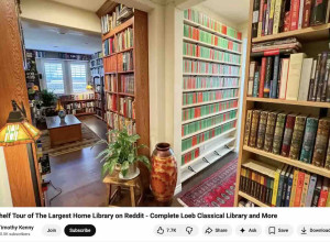 A screengrab from Timothy Kenny's Bookshelf Tour of The Largest Home Library on Reddit - Complete Loeb Classical Library and More video on YouTube