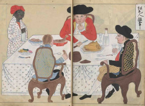 Illustration of men dining in the Dutch enclave of Dejima in Nagasaki, Japan, from Nagasaki hyōsho zu–Karafune hyōsho zu (Illustrated Record of Nagasaki–Illustrated Record of Chinese Ships), 1807.