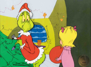 Detail from the production-cel pairing of the Grinch and Cindy-Lou Who as she catches the Grinch in the act of stealing Christmas