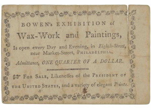 Early Philadelphia Museum trade card for Bowen's Exhibition of Wax-Work and Paintings, ca. 1792-93