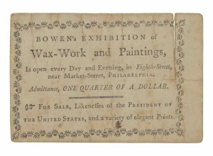Early Philadelphia Museum trade card for Bowen's Exhibition of Wax-Work and Paintings, ca. 1792-93