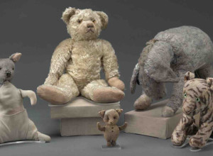 The original Winnie-the-Pooh, Piglet, Eeyore, Kanga, and Tigger on permanent display at The Polonsky Exhibition of The New York Public Library's Treasures