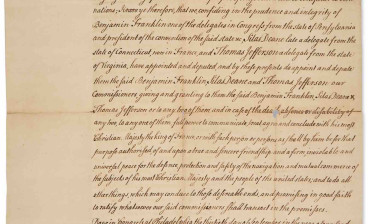  Lot 29: Letter of credence appointing Benjamin Franklin, Thomas Jefferson, and Silas Deane commissioners to the court of France to negotiate a treaty of alliance, September 30, 1776, sold for $563,200 