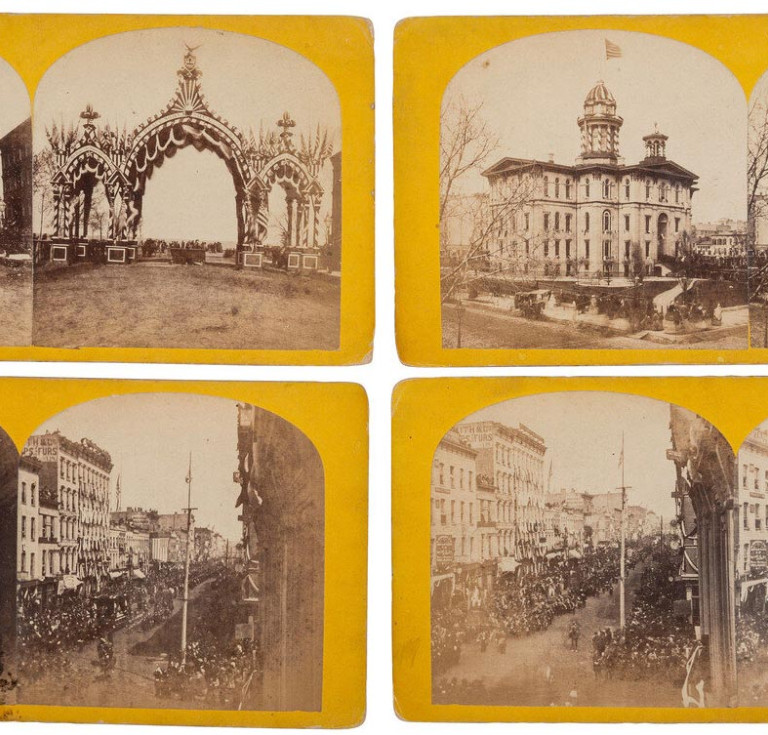 Four stereoviews of Lincoln's funeral procession in Chicago.