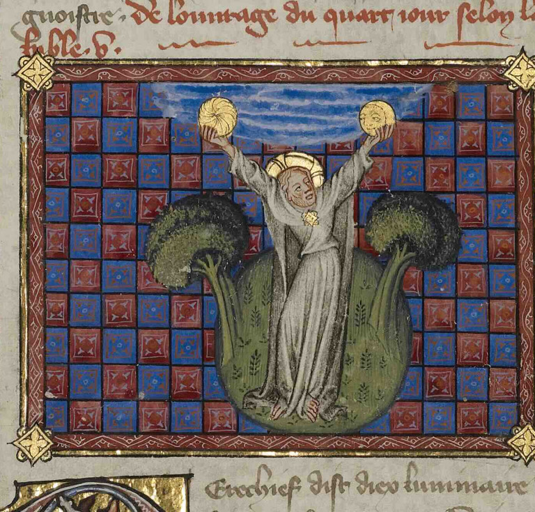 The Creation of the Sun and the Moon (detail) from the Historical Bible, about 1360 –70, Master of Jean de Mandeville (French, active 1350–70). Tempera colors, gold, and ink on parchment.