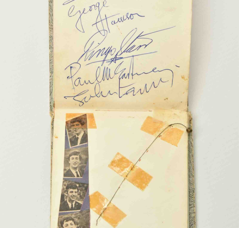 Elizabeth Salt's autograph album signed by John Lennon, Paul McCartney, George Harrison and Ringo Starr plus Harrison's snapped guitar string